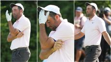 Scottie Scheffler looking frustrated after finding the water with his tee shot on the 16th at The Memorial at Muirfield Village