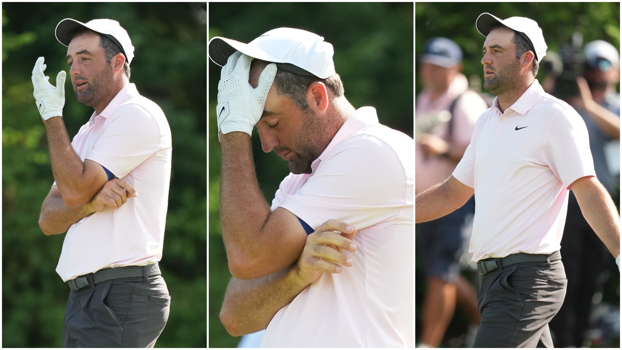 Scottie Scheffler looking frustrated after finding the water with his tee shot on the 16th at The Memorial at Muirfield Village