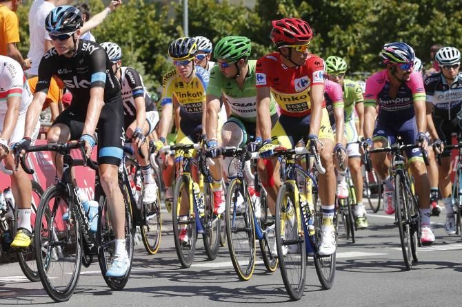 Chris Froome and Alberto Contador during the opening kilometres of stage 12 of the Vuelta a Espana in Logro&ntilde;o.