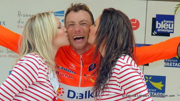 Benoit Daeninck (Roubaix Lille Metropole) is delighted to be on the podium after stage 3 of the Tour de Bretagne