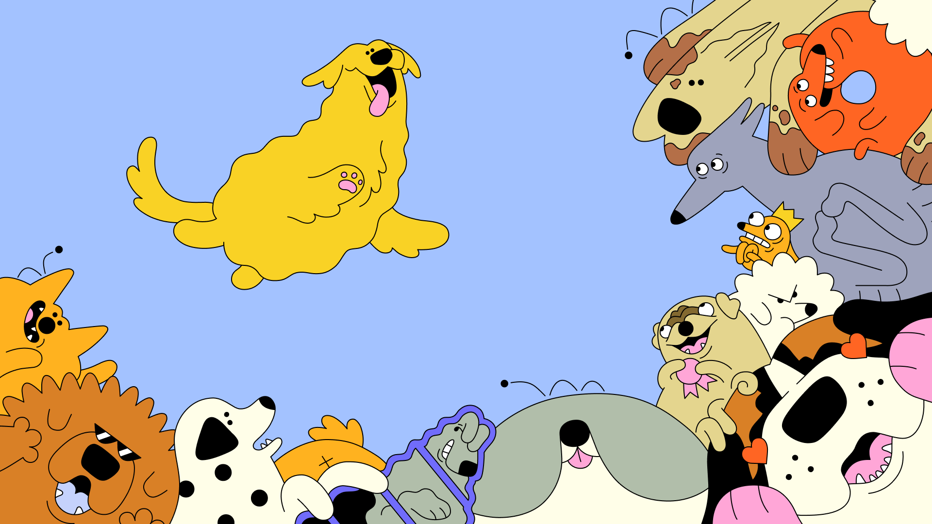 Key art for dogpile showing a fluffy golden retriever jumping towards more colorful dogs with a blue sky behind