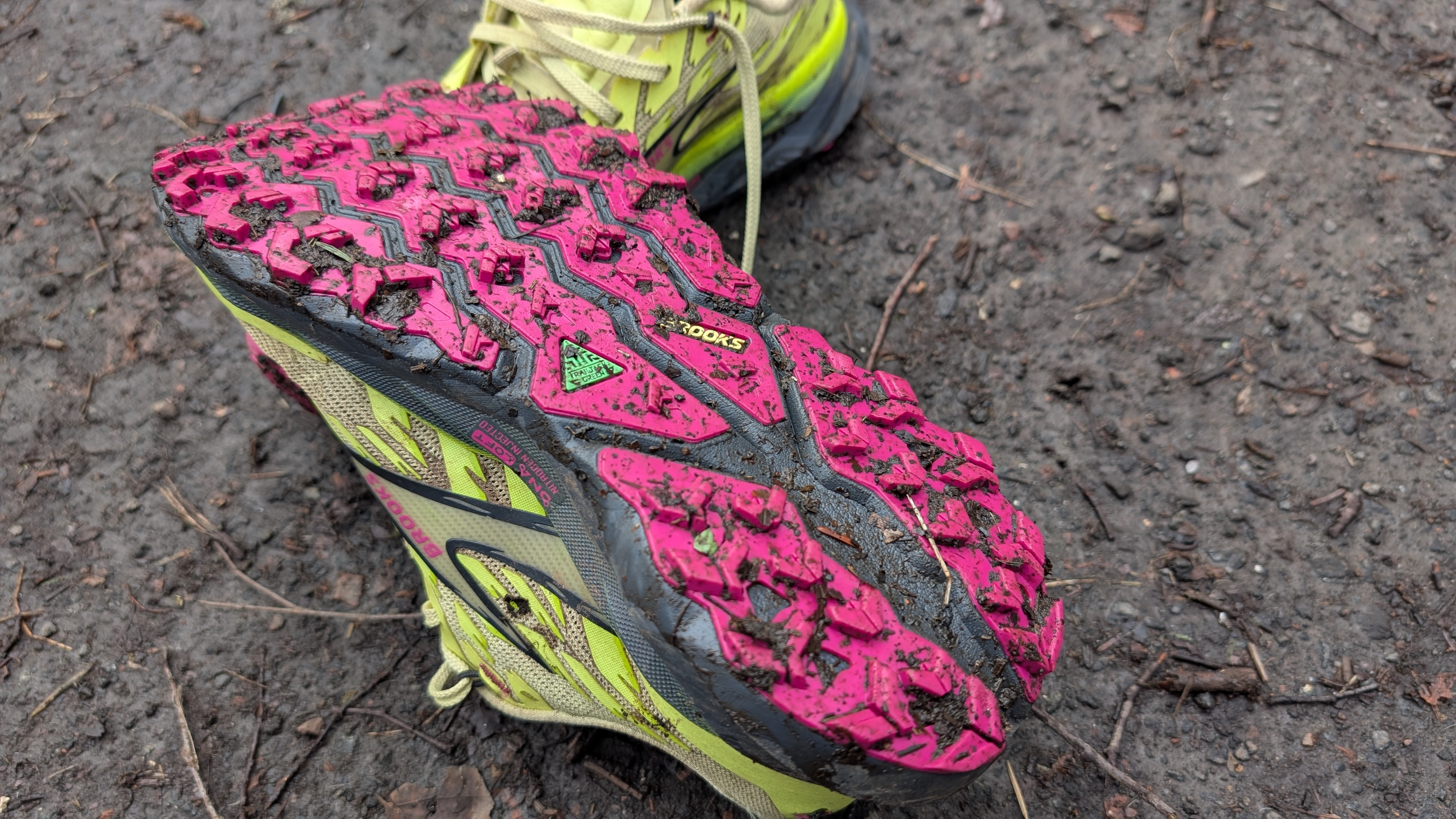 The pink sole of the Brooks Cascadia 19 trail running shoes