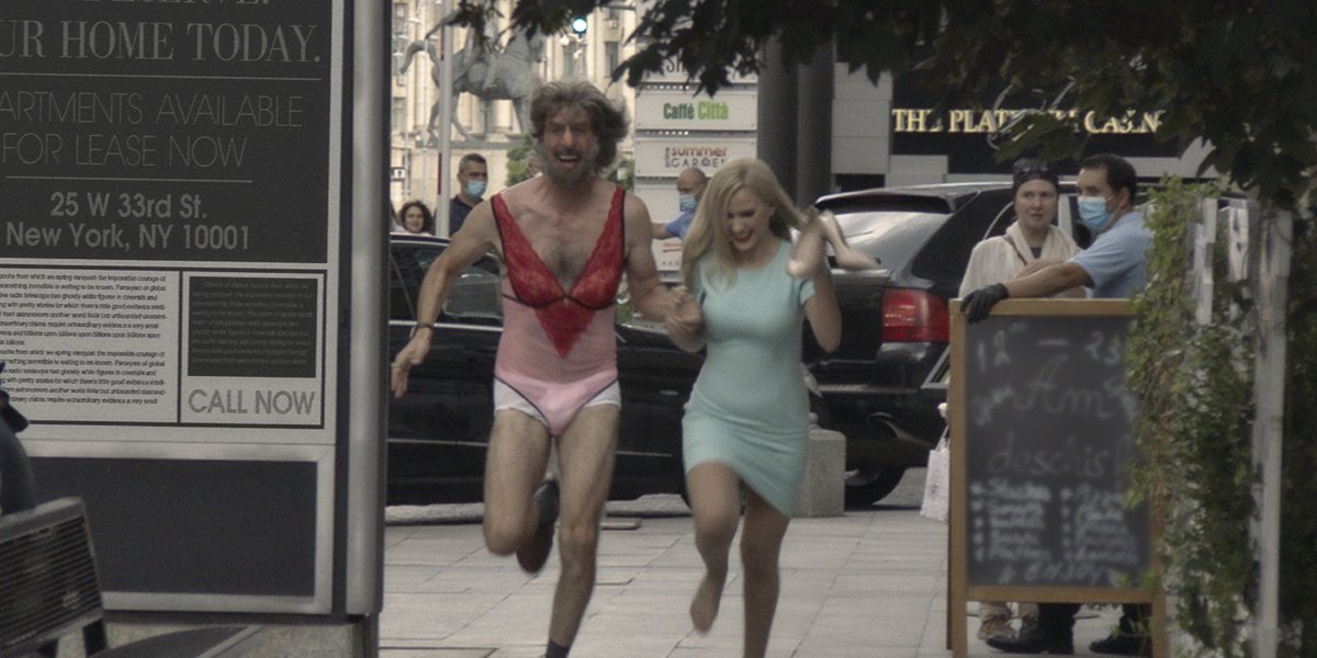 Sacha Baron Cohen and Maria Bakalova in Borat Subsequent Moviefilm after the Rudy Giuliani interview