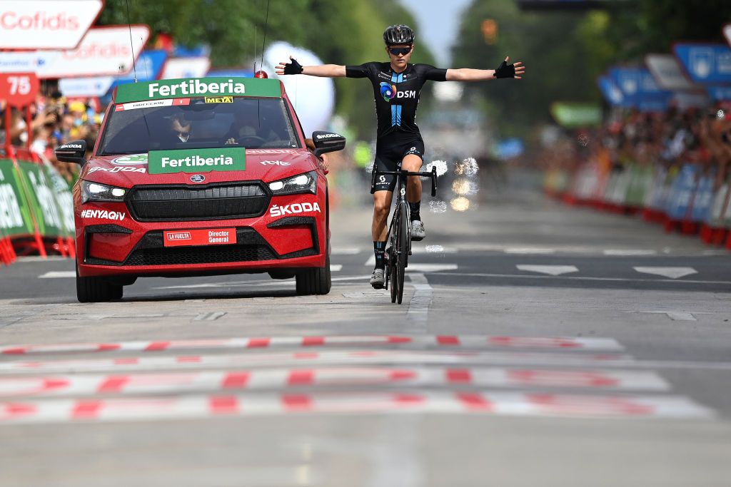 RINCON DE LA VICTORIA SPAIN AUGUST 24 Michael Storer of Australia and Team DSM celebrates at finish line as stage winner during the 76th Tour of Spain 2021 Stage 10 a 189km stage from Roquetas de Mar to Rincn de la Victoria lavuelta LaVuelta21 on August 24 2021 in Rincon De La Victoria Spain Photo by Stuart FranklinGetty Images