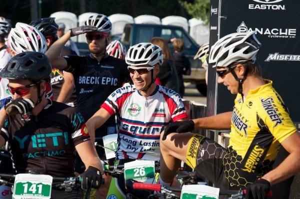 (L-R) Nick Truitt (Yeti Pactimo Pro XC), Ben Melt Swanepoel (Squirt Lube), and Calle Friberg laugh before the race start.