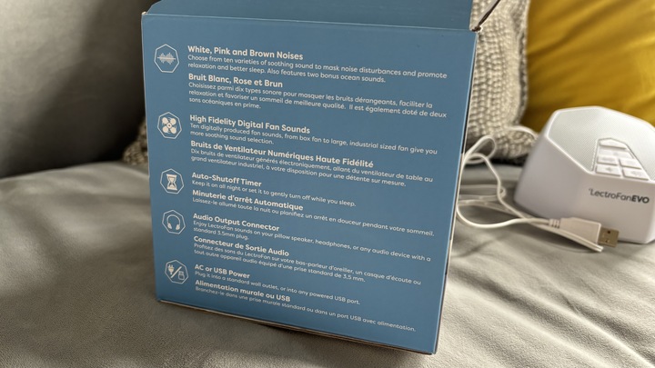 The side of the blue box containing the LectroFan EVO White Noise Machine.