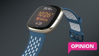Fitbit Sense with pink label reading 'Opinion'