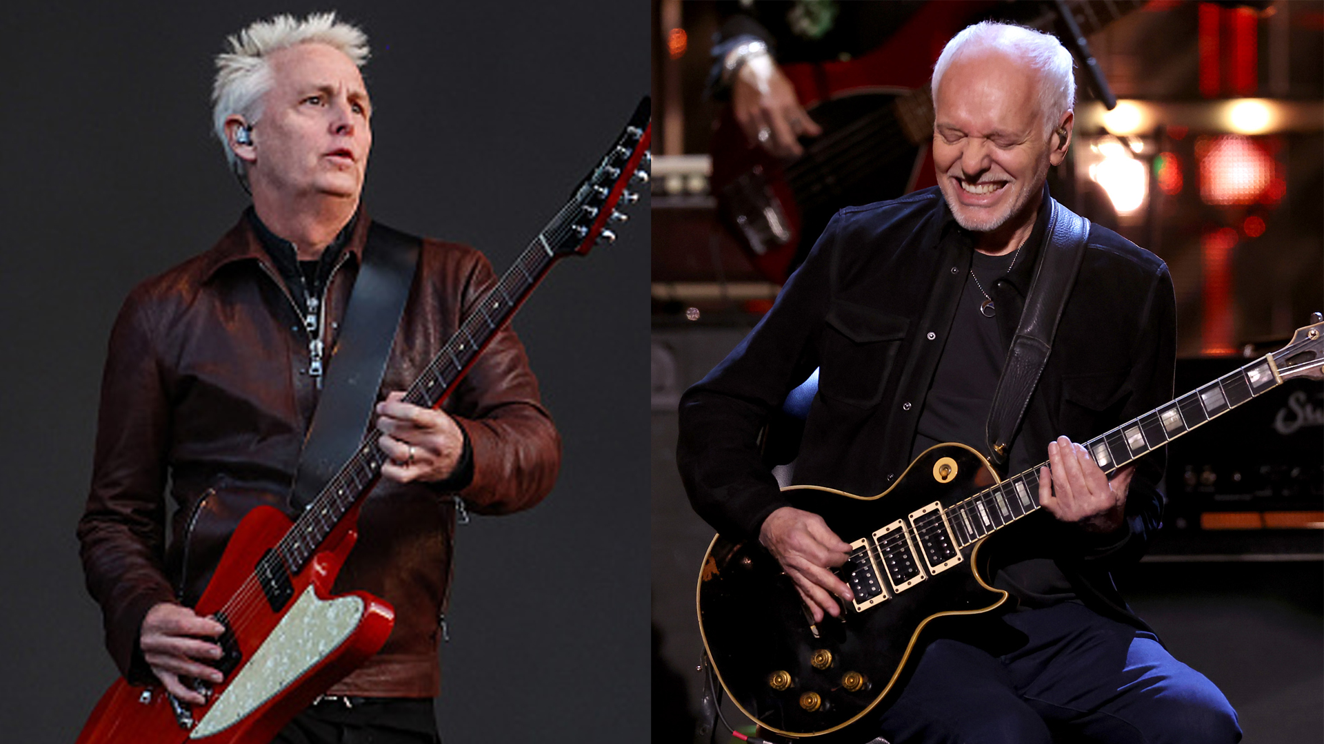 LEFT: Mike McCready of Pearl Jam performs onstage during 2024 BottleRock Napa Valley at Napa Valley Expo on May 25, 2024 in Napa, California. RIGHT: Peter Frampton performs onstage during the 38th Annual Rock & Roll Hall Of Fame Induction Ceremony at Barclays Center on November 03, 2023 in New York City. 