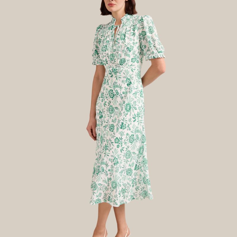 Cefinn Irina Cotton Blend Midi Dress - Green Palm Floral Print on model