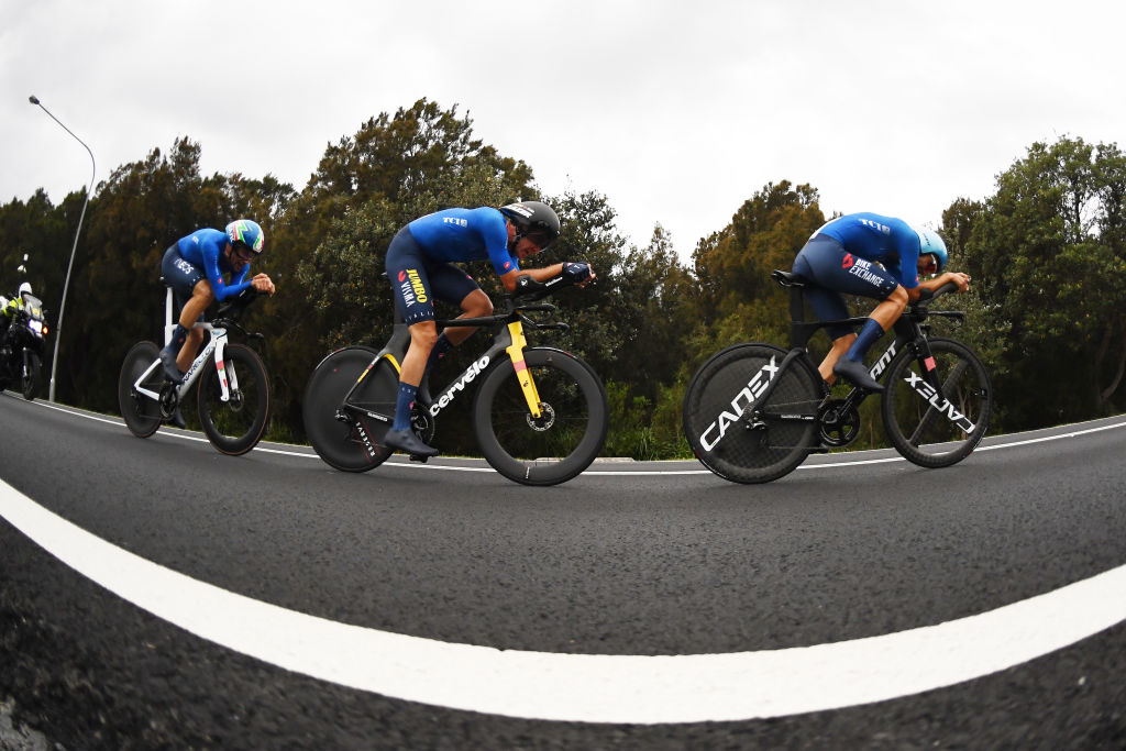 Filippo Ganna, Edoardo Affini and Matteo Sobrero of Italy during the elite men's leg of the team time trial mixed relay in Wollongong