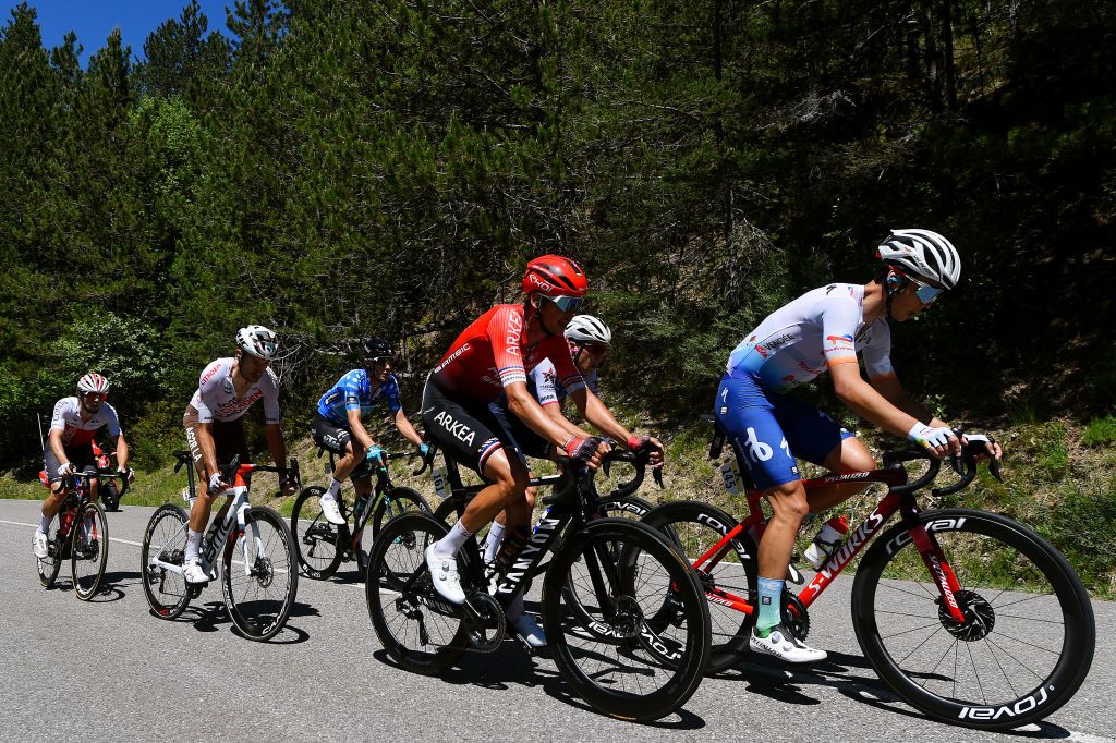 GAP FRANCE JUNE 10 A general view of Geoffrey Bouchard of France and AG2R Citren Team Bruno Armirail of France and Team Groupama FDJ Andrea Bagioli of Italy and Team QuickStep Alpha Vinyl Victor Lafay of France and Team Cofidis Valentin Ferron of France and Team Total Energies Warren Barguil of France and Team Arka Samsic and Pierre Rolland of France and Team BB Hotels PB KTM Polka Dot Mountain Jersey compete in the breakaway during the 74th Criterium du Dauphine 2022 Stage 6 a 1964km stage from Rives to Gap 742m WorldTour Dauphin on June 10 2022 in Gap France Photo by Dario BelingheriGetty Images