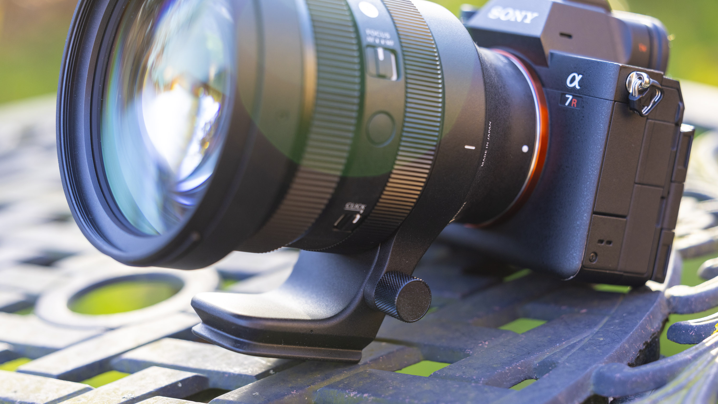 A close-up of the tripod foot with Arca-Swiss mount on the Sigma 135mm f1.4 DG Art lens