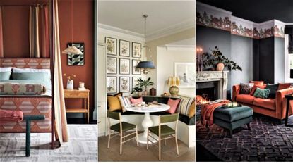 Three rooms decorated in expensive looking fall colors - a bedroom, kitchen, and living room