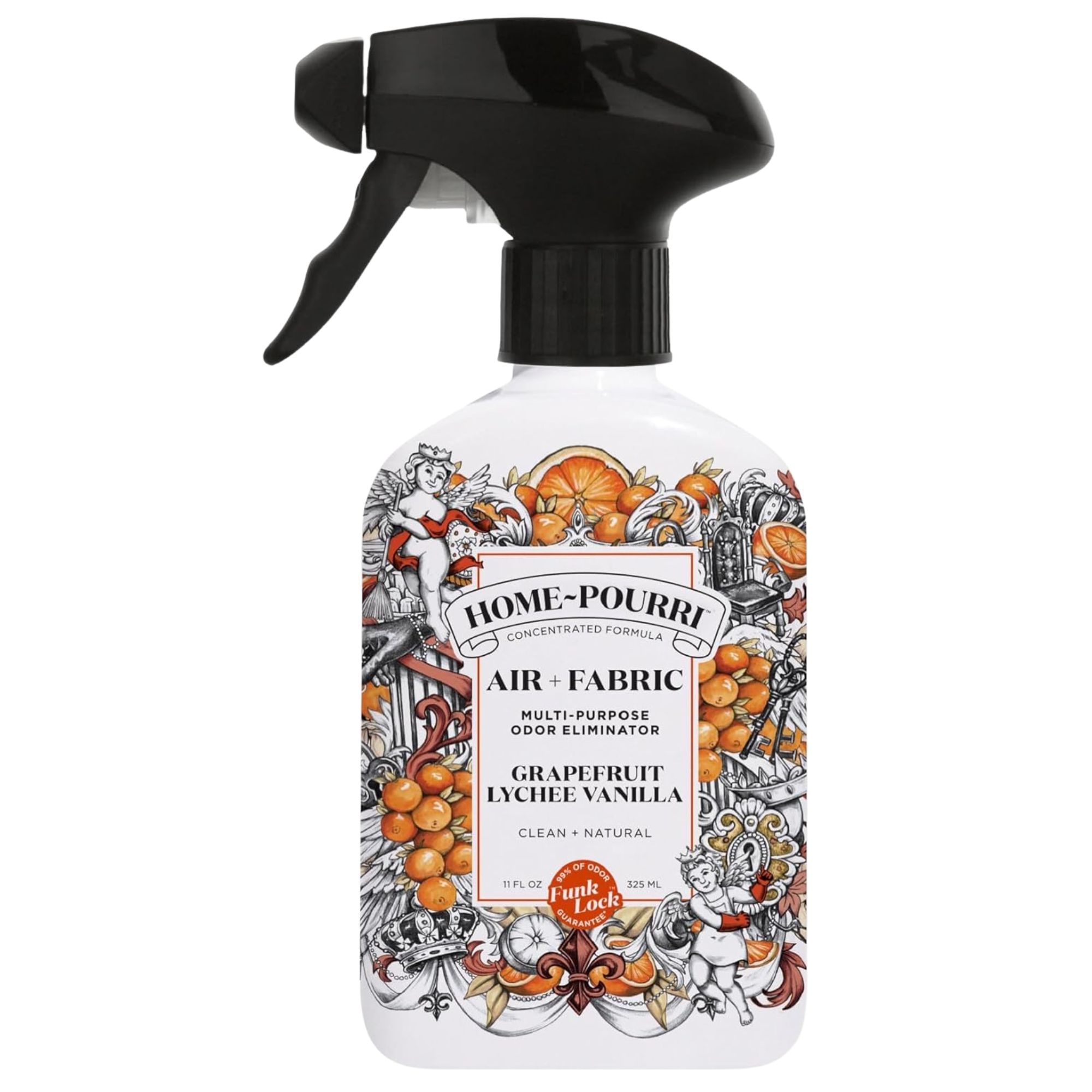White bottle of Home Pourri air+fabric spray with black lid