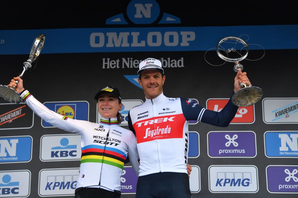 NINOVE BELGIUM FEBRUARY 29 Podium Annemiek Van Vleuten of The Netherlands and Team MitcheltonSCOTT Jasper Stuyven of Belgium and Team Trek Segafredo Celebration Trophy during the 75th Omloop Het Nieuwsblad 2020 Men Race a 200km race from Ghent to Ninove OmloopHNB OHN20 on February 29 2020 in Ninove Belgium Photo by Tim de WaeleGetty Images