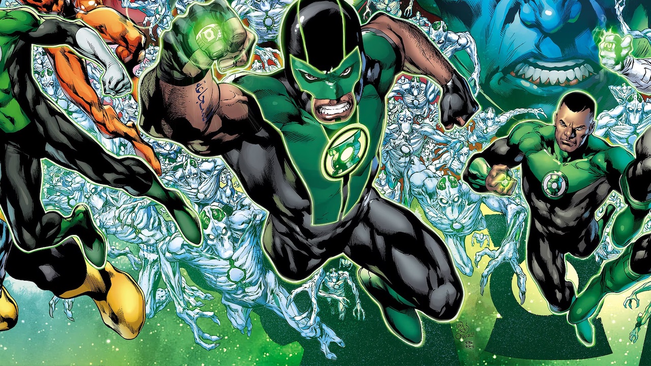 Green Lantern Simon Baz surrounded by other Green Lanterns and the mindless Third Army creatures