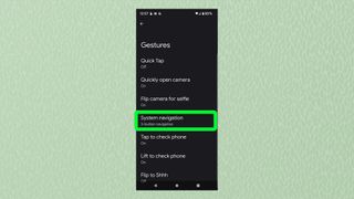 A screenshot from Android showing the Gestures menu with 'System navigation' highlighted