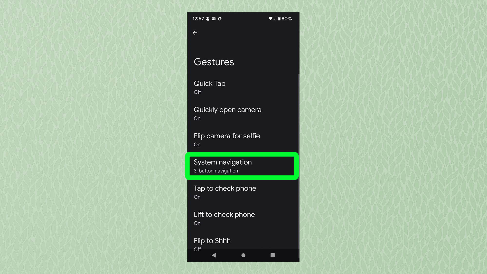 A screenshot from Android showing the Gestures menu with 'System navigation' highlighted