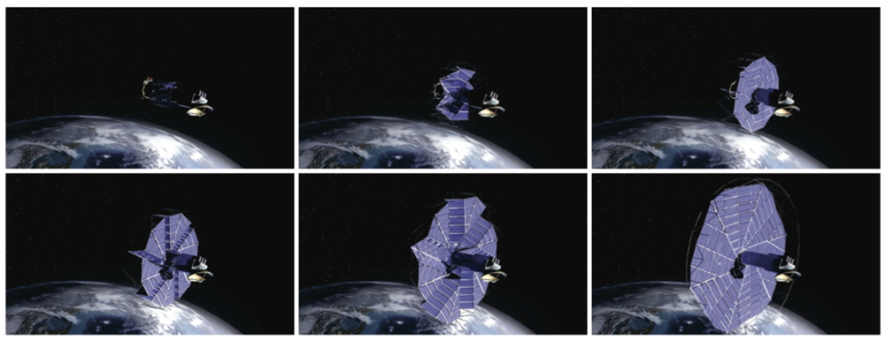 An origami-inspired deployable solar array developed by Brigham Young University, NASA Jet Propulsion Laboratory, and Lang Origami. This one is not directly based on the Miura map.