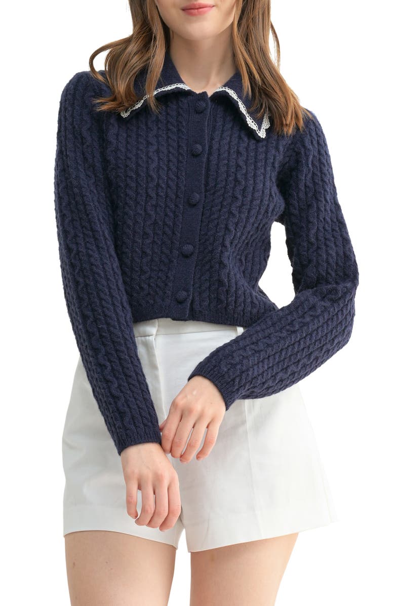 Lace Trim Collar Cable Stitch Cardigan