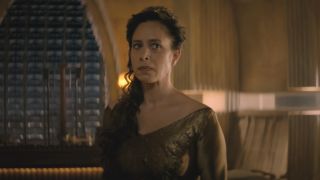 Jodhi May stands with a look of upset in one of her palace's rooms in Dune Prophecy S1 E6 - "The High-Handed Enemy."