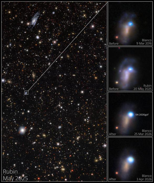 A deep space image with four vertical boxouts to the right showing smudges of color where a supernova happened