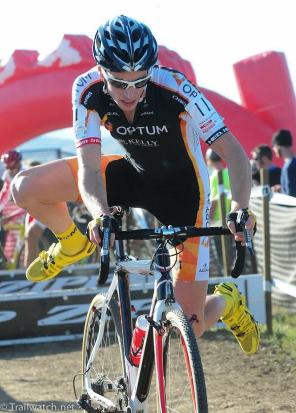 Tristan Schouten (Optum p/b Kelly Benefit Strategies) mounting his bike after the barriers