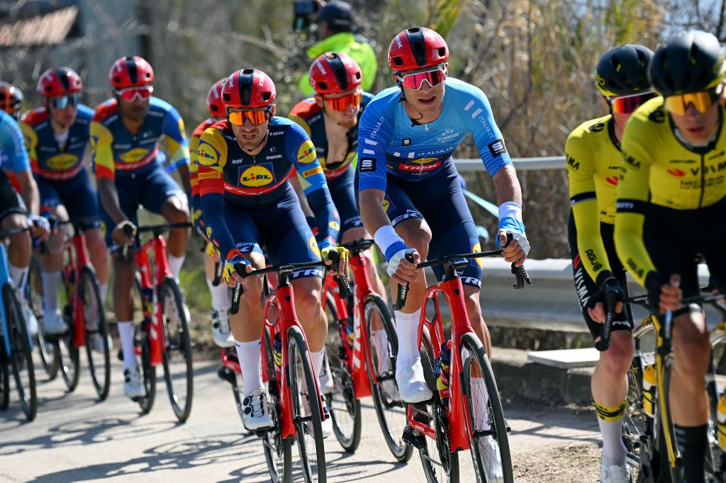 VALLE CASTELLANA ITALY MARCH 08 Jonathan Milan of Italy and Team LidlTrek Blue Leader Jersey competes during the 59th TirrenoAdriatico 2024 Stage 5 a 144km stage from Torricella Sicura to Valle Castellana 615m UCIWT on March 08 2024 in Valle Castellana Italy Photo by Tim de WaeleGetty Images