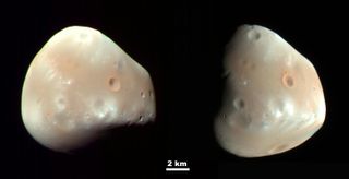 close up view of Deimos, it looks a bit like a potato.