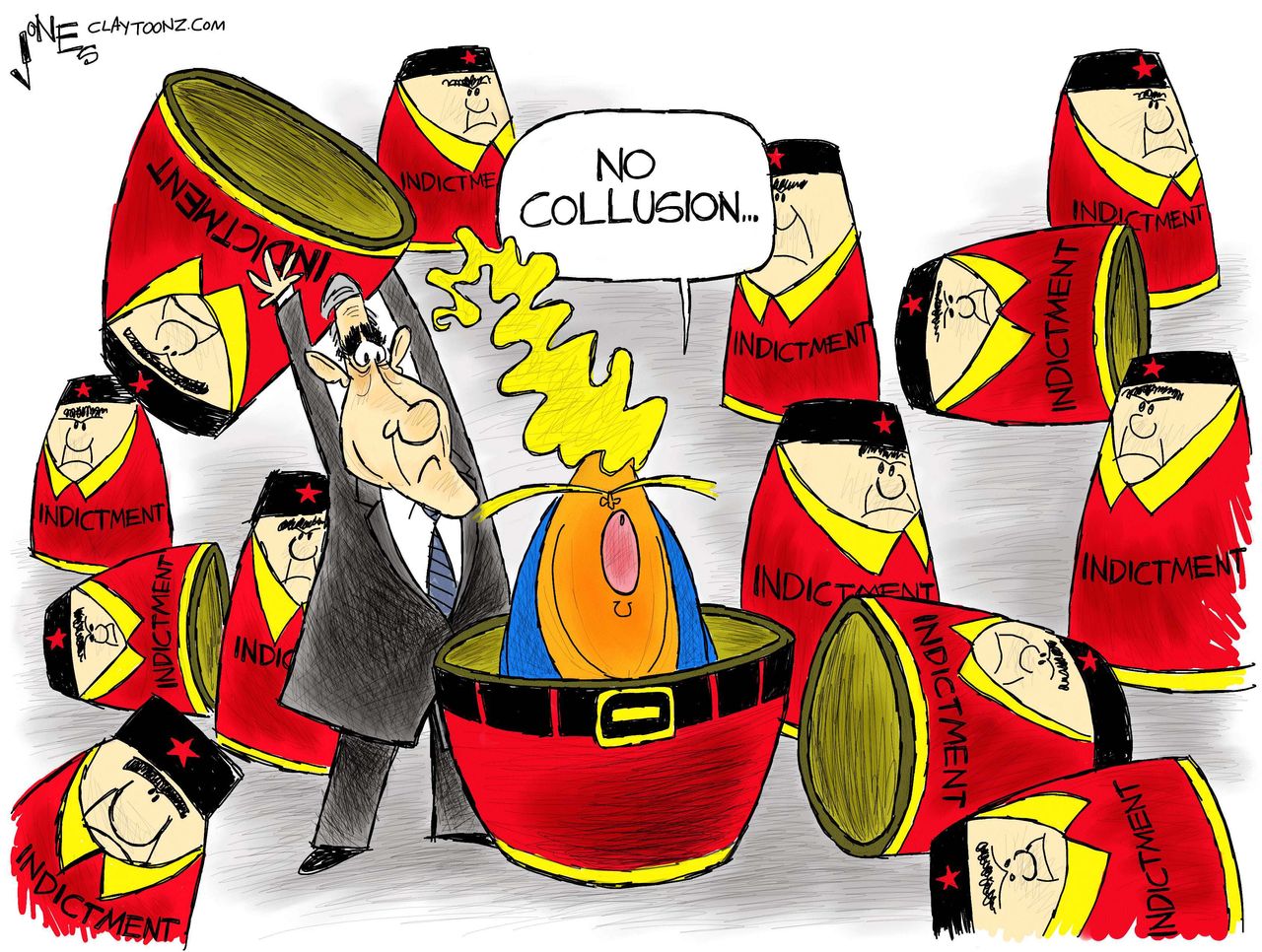 Political cartoon U.S. Trump collusion Mueller indictments FBI Russia investigation