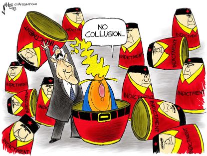 Political cartoon U.S. Trump collusion Mueller indictments FBI Russia investigation