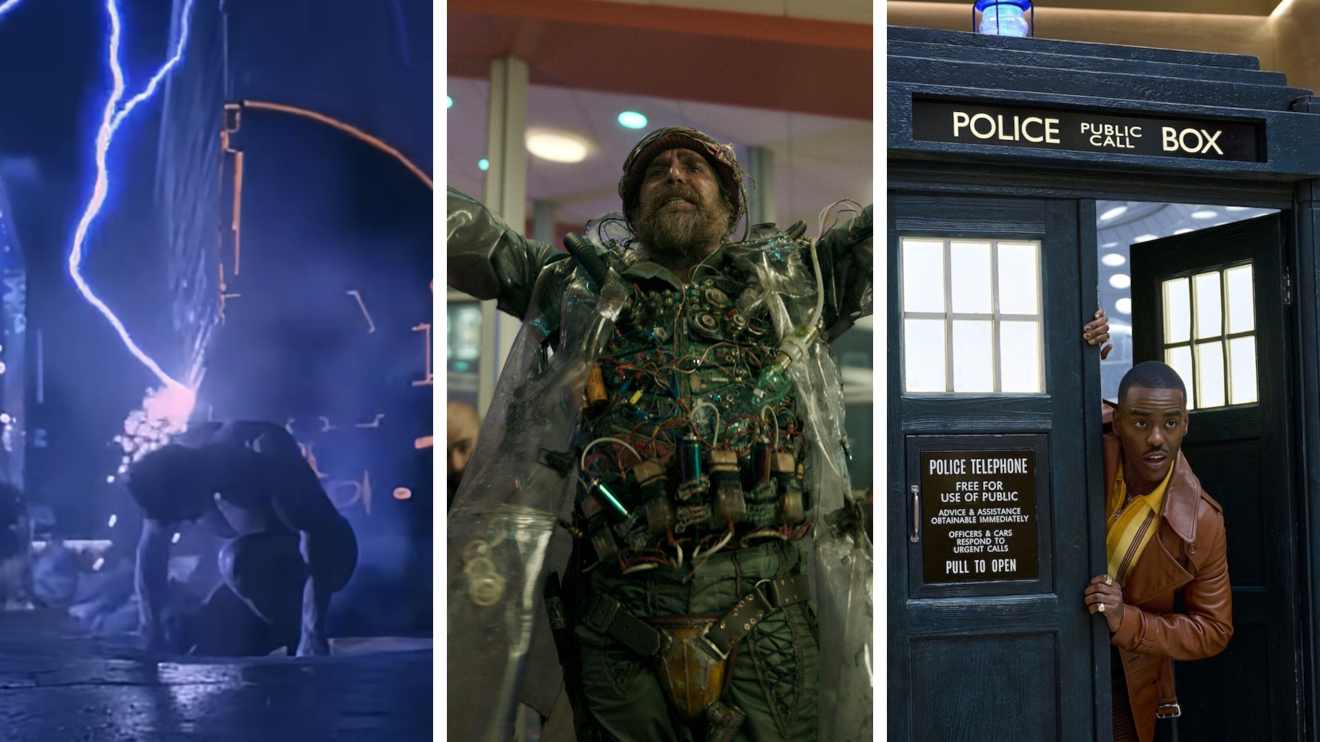 Split image showing time travel methods from three sci-fi franchises: "Terminator 2: Judgment Day", "Good Luck, Have Fun, Don't Die", and Doctor Who