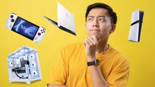 A man with a thoughtful expression, surrounded by a gaming laptop, gaming handheld, gaming PC, and PS5 Pro.