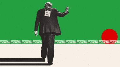 Illustration of Donald Trump with a "KICK ME" note taped to his back against a sunset of Iranian flag colours