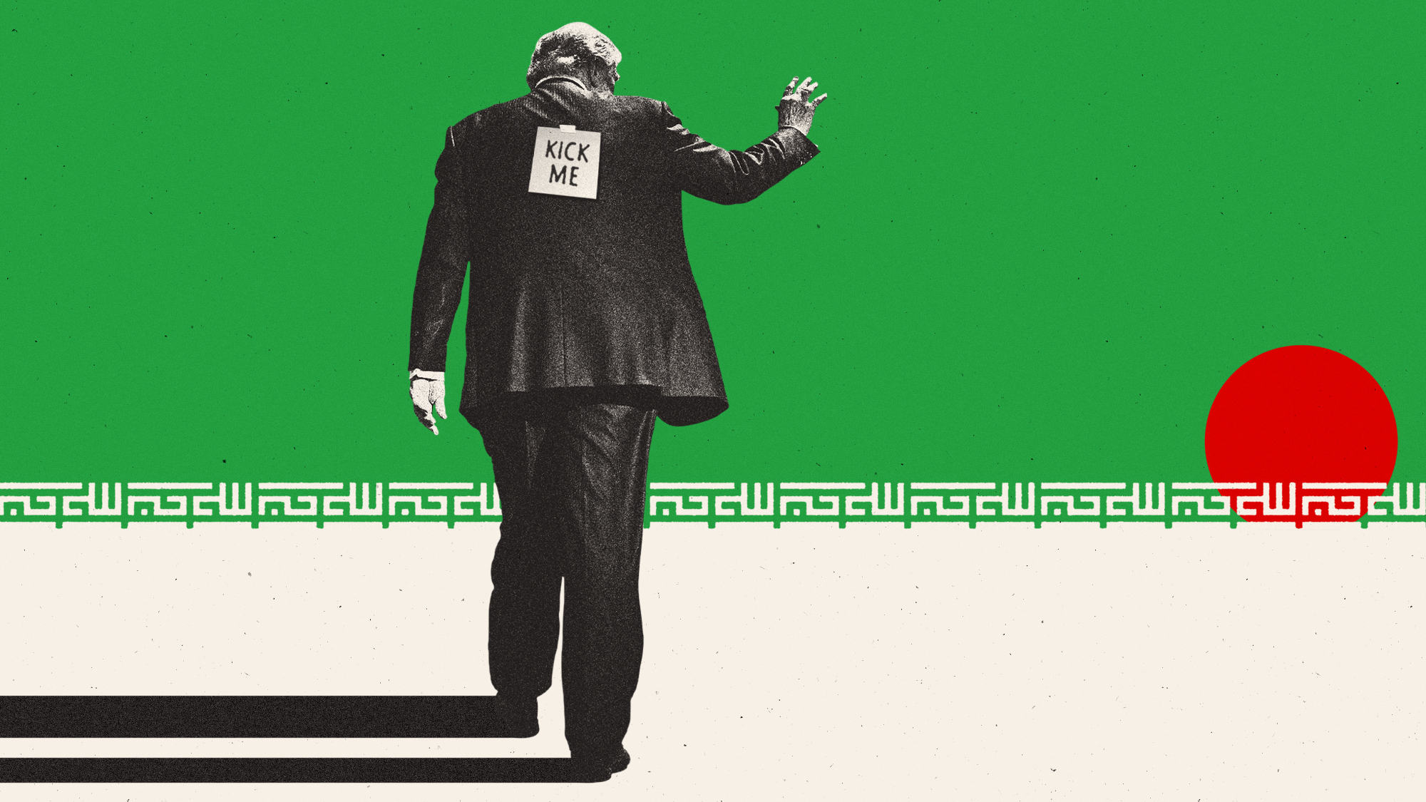 Illustration of Donald Trump with a "KICK ME" note taped to his back against a sunset of Iranian flag colours