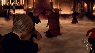 Leon aiming a gun at a group of monks with weapons and shields
