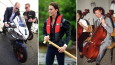 A collage showing Prince William on a motorbike, Kate Middleton rowing and King Charles playing the cello