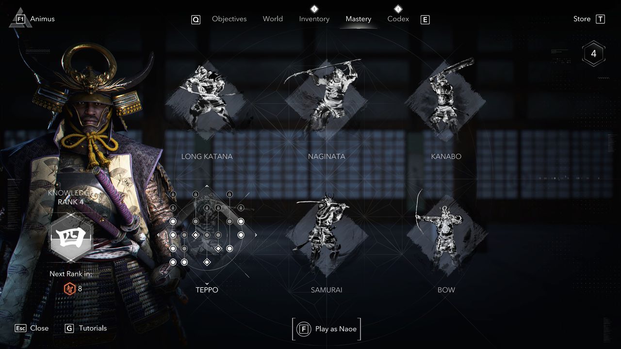 Assassin's Creed Shadows knowledge points - The mastery skills menu that displays the number of knowledge points needed to increase your knowledge rank in the bottom left corner.