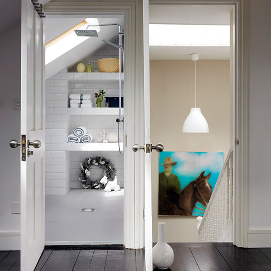 bathroom with shower room and shelf with metro tiles