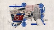 Photo collage of two hands and a keyboard, with bank slips, electronic schematics, and bitcoin in the background