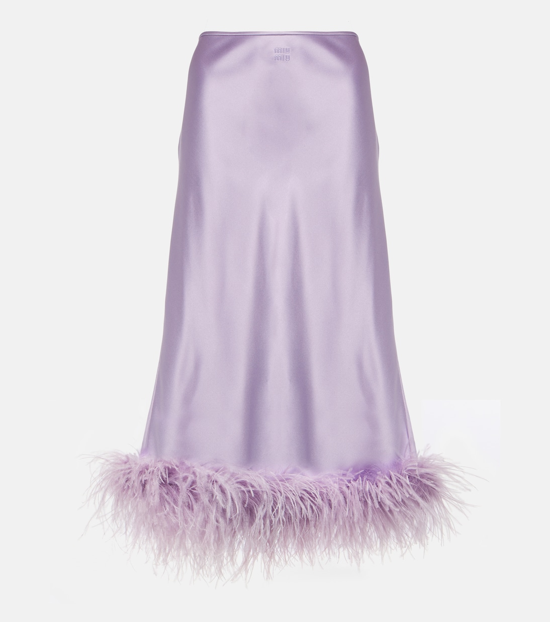 Feather-Trimmed Satin Midi Skirt