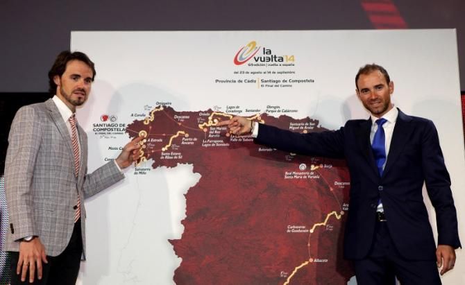 Samual Sanchez and Alejandro Valverde on stage at the presentation of the 2014 Vuelta a Espa&ntilde;a route