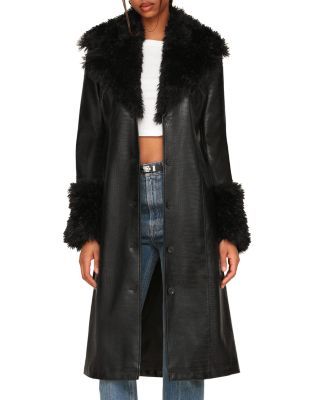 Faux Fur Trim Patent Croc Texture Faux Leather Trench