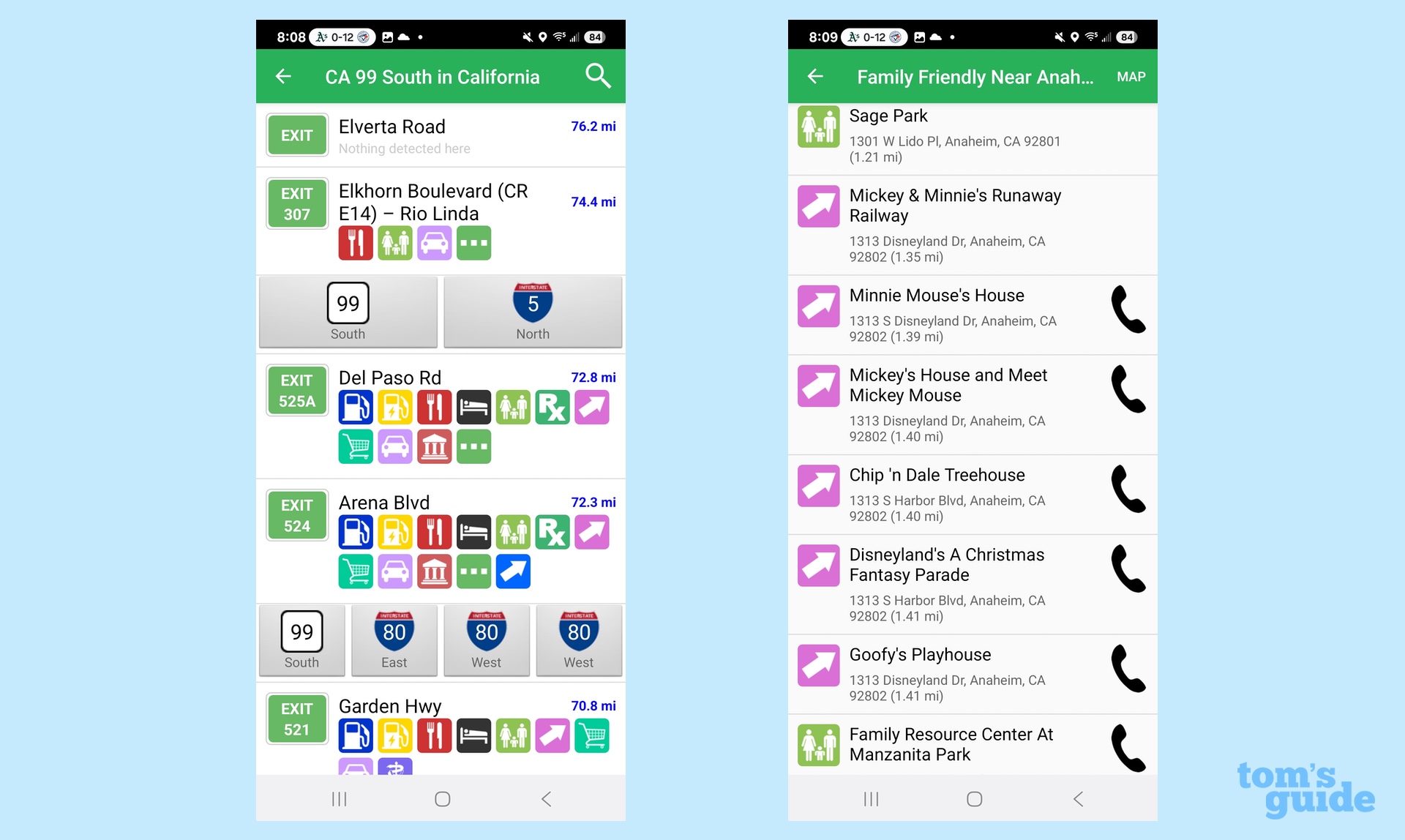 iExit screenshots showing upcoming stops and points of interest