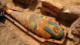 The sarcophagus of a rich merchant lays on an archeological site in August 2005 in Giza, Egypt.