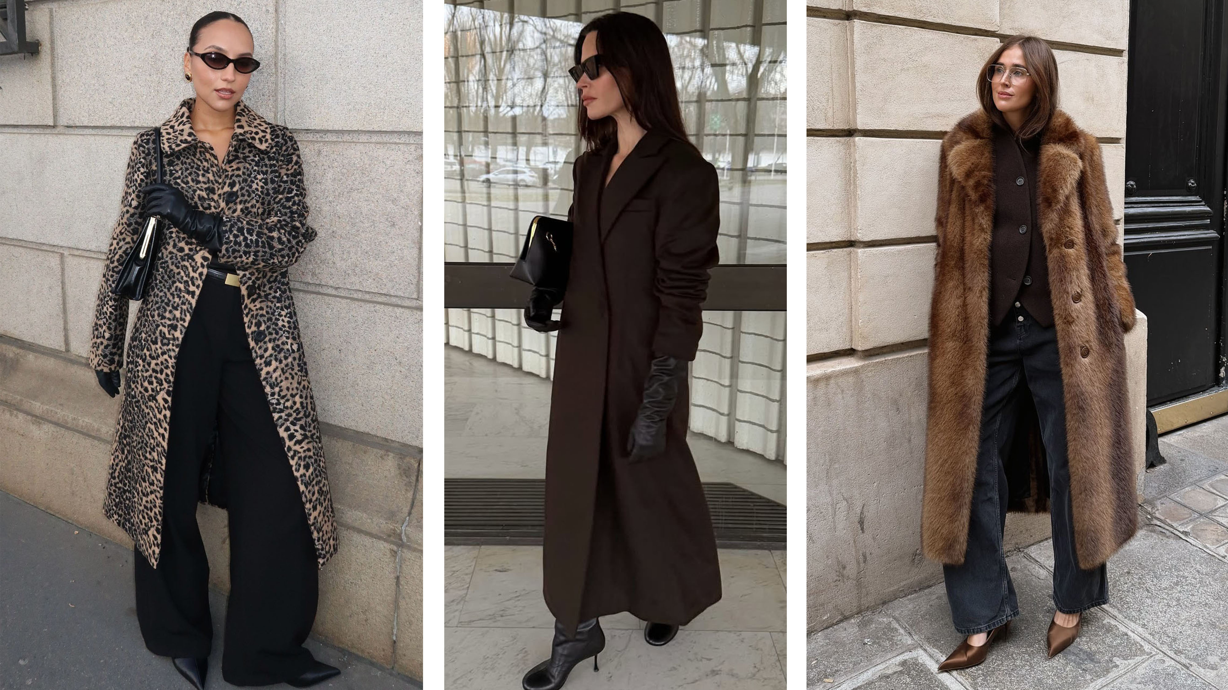 Winter coats are shown in a collage of women's winter outfits