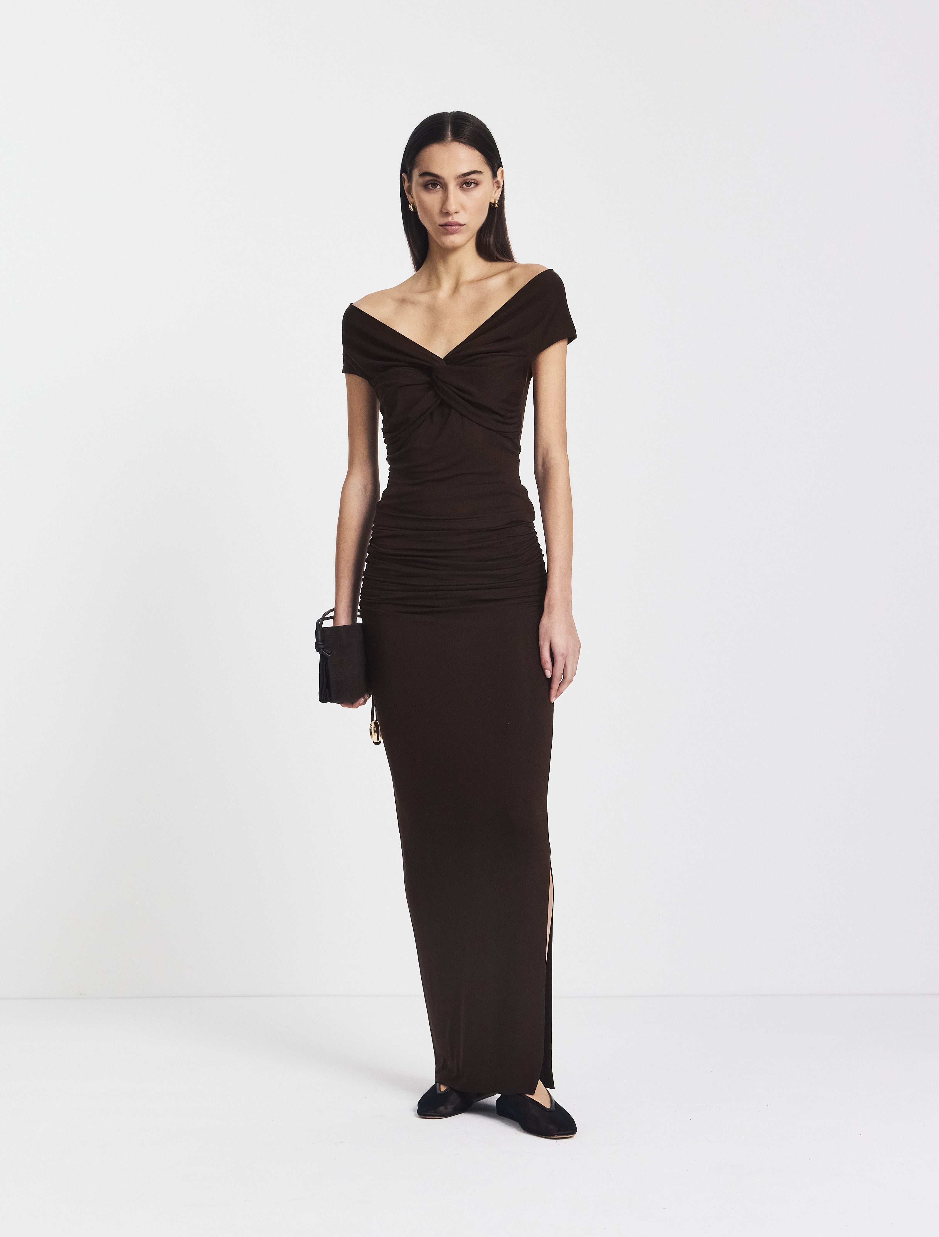 Leah Ruched Maxi Skirt in Bitter Chocolate