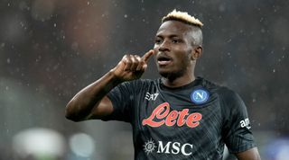 Victor Osimhen of Napoli celebrates after scoring his team's first goal during the Serie A match between Sampdoria and Napoli on 8 January, 2023 at the Stadio Luigi Ferraris in Genoa, Italy.