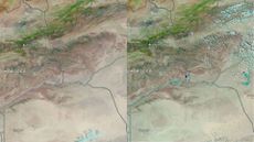 A satellite image of the Sahara desert showing significantly more green space and water after rain