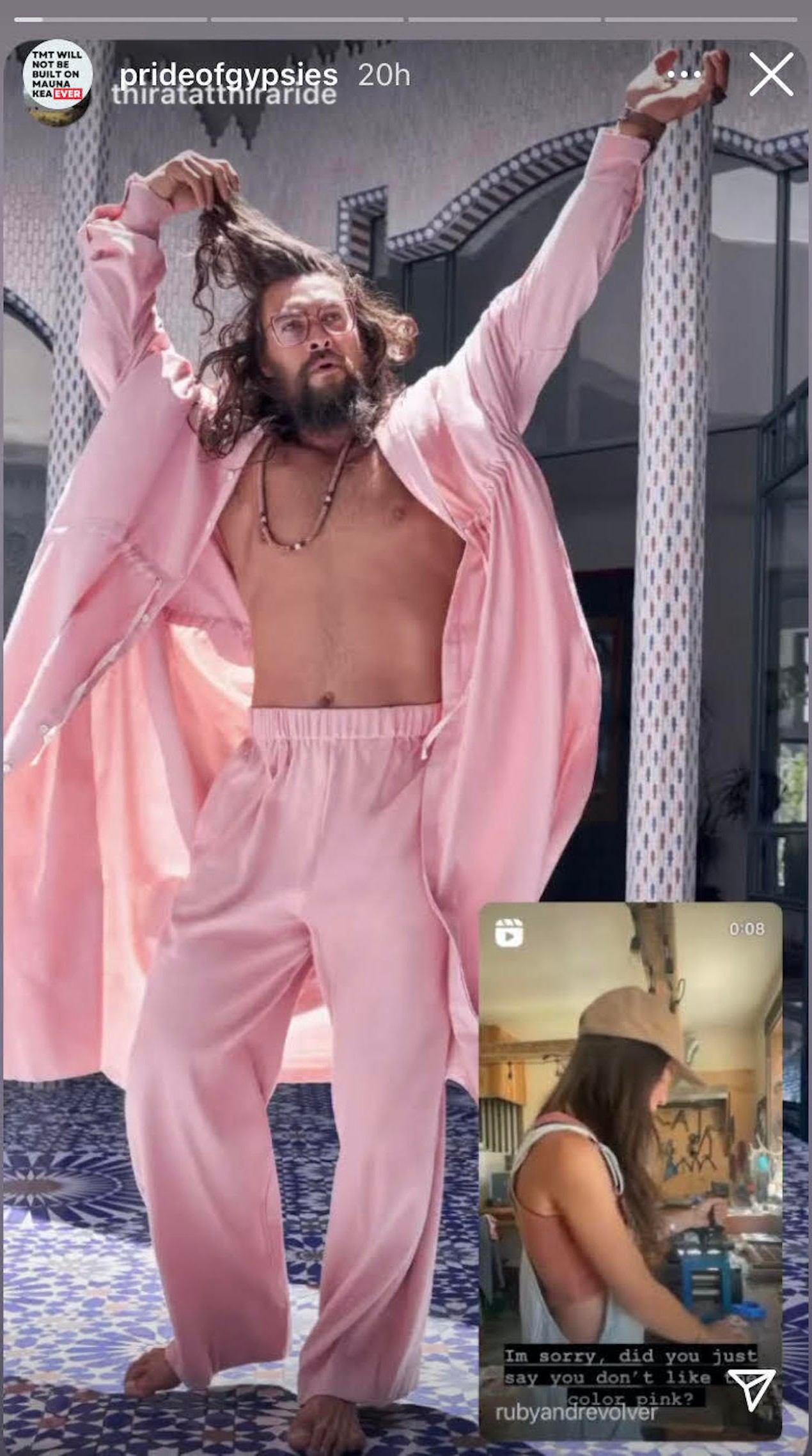Jason Momoa in a pink suit paired with an Instagram story.